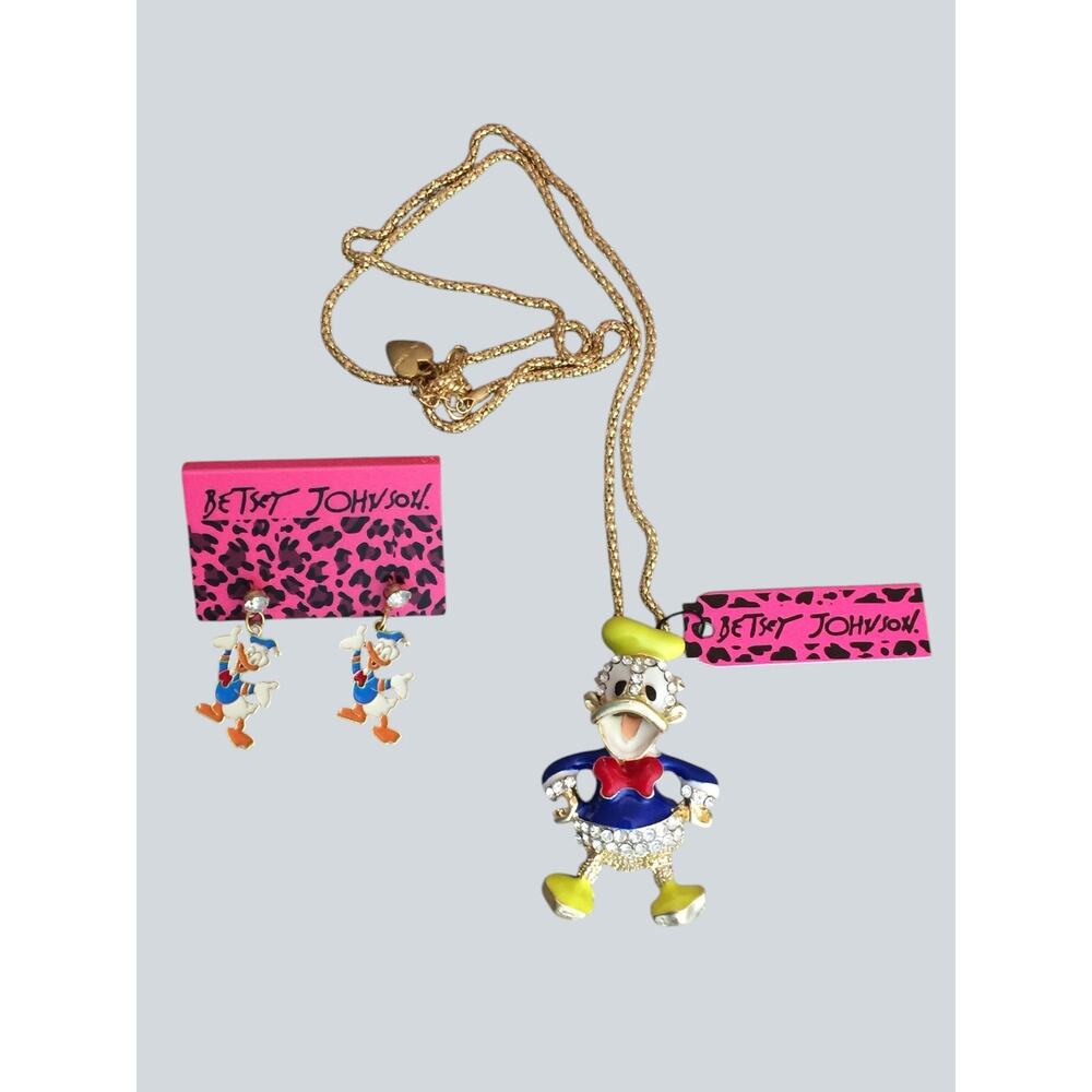 Betsey Johnson Disney Donald Duck Necklace & Earrings Set Rhinestone Enamel NWT